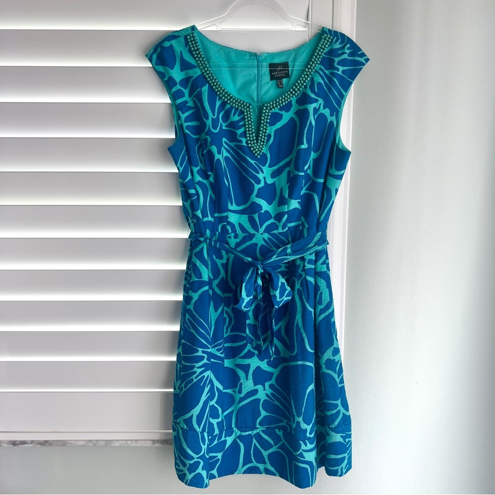 Adrianna papell size 16 blue patterned dress, beaded collar, belted, knee length